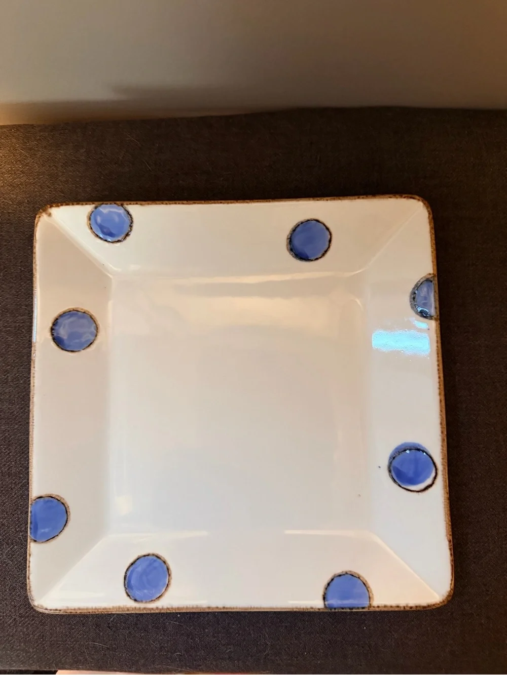 Cream Ceramic Serving Plate with Blue Dot Accents